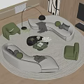 Elegant Modern Living Room Curved Sofa Coffee Table Set with Green Accent Chair Round Rug