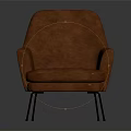 Modern Brown Leather Armchair With Curved Back And Metal Black Legs Design