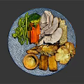 Roast Turkey Meat Served With Fresh Vegetables And Yorkshire Pudding On Blue Plate