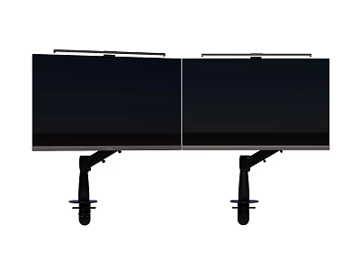 Dual Black Computer Monitors with Adjustable Stands for Office Work Setup 3d model