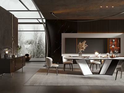 Modern Restaurant Interior Design With Open Layout Marble Dining Table And Chairs 3d model