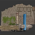 Rustic Scene Structure With Stone Walls Waterfall Green Plants Tower And Wooden Elements