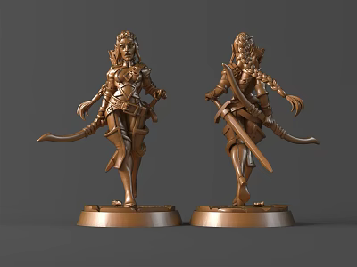 Two Golden Female Warrior Statues Holding Swords Standing On Pedestals 3d model