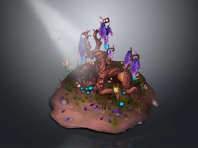 Lush Natural Scenic Landscape With Purple Flowers Tree Glowing Elements And Tiny Ground Details 3d model