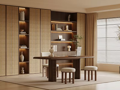 Modern Study Room Interior With Bookshelves Rattan Partitions Wooden Desk And Plants 3d model