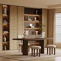 Modern Study Room Interior With Bookshelves Rattan Partitions Wooden Desk And Plants