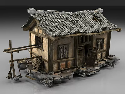 Traditional Chinese Style Old House Model With Tiled Roof Wooden Structure And Stone Base 3d model
