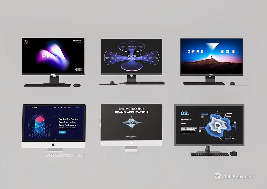 Multiple Computer Monitors Showing Different Screen Contents With Mouse And Keyboard Accessories 3d model 