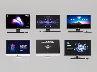 Multiple Computer Monitors Showing Different Screen Contents With Mouse And Keyboard Accessories 3d model
