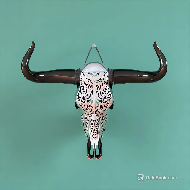 Bull Skull Wall Decor With Black Horns And Intricate Cutout Patterns On Green Background 3d model 