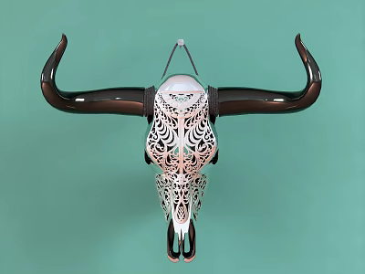 Bull Skull Wall Decor With Black Horns And Intricate Cutout Patterns On Green Background 3d model