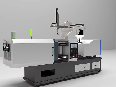 High Precision Industrial Injection Molding Machine With Robotic Arm Control Panel And Green Indicator Light 3d model