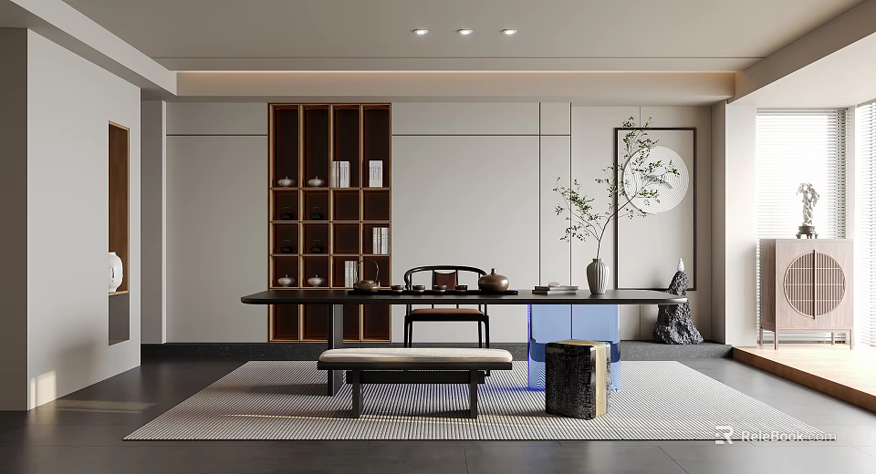 Modern Chinese Tea Room Interior With Long Table And Decorations 3d model