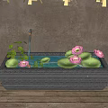 Ornamental Water Fountain With Rectangular Stone Basin Pink White Lotus Flowers And Green Lily Pads