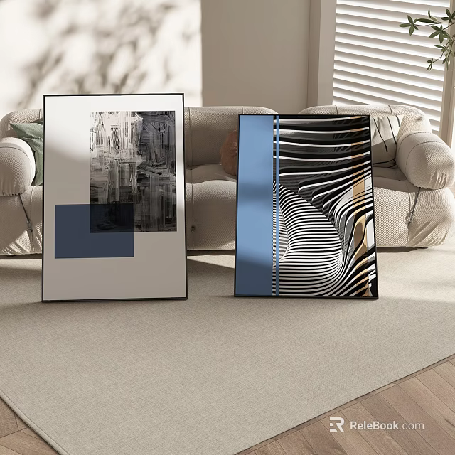 Abstract Framed Wall Artworks In Modern Living Room With Sofa And Carpet 3d model 
