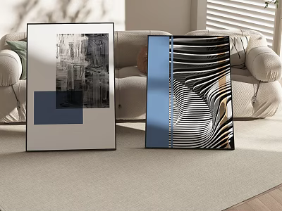 Abstract Framed Wall Artworks In Modern Living Room With Sofa And Carpet 3d model
