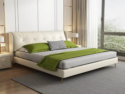 White Upholstered Double Bed with Green Pillows Checkered Cushion and Wooden Nightstands 3d model