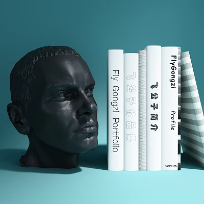 Elegant Flyongsi Portfolio Books With Black Bust Sculpture Introduction 3d model
