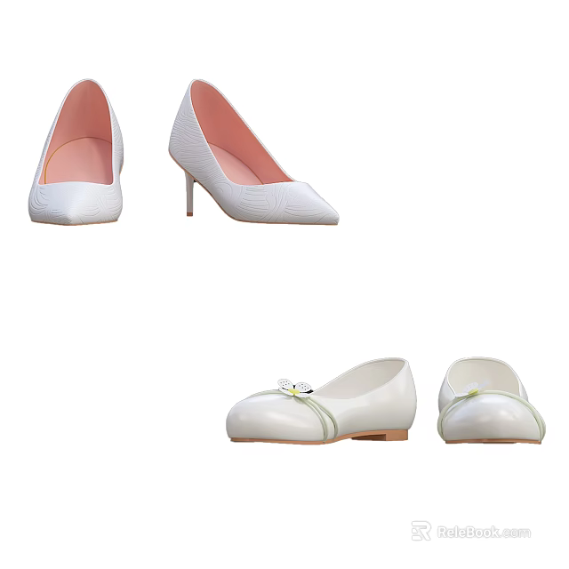 White High Heels and Flat Shoes with Pink Lining and Small Flower Decorations 3d model 
