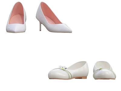 White High Heels and Flat Shoes with Pink Lining and Small Flower Decorations 3d model