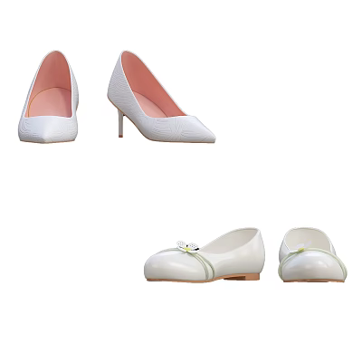 White High Heels and Flat Shoes with Pink Lining and Small Flower Decorations 3d model White High Heels and Flat Shoes with Pink Lining and Small Flower Decorations 3d model