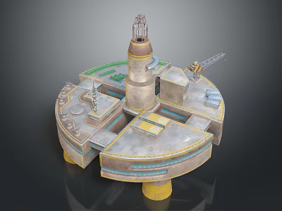 Industrial Platform Model With Central Tower Crane Buildings Pipes And Supports 3d model