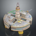 Industrial Platform Model With Central Tower Crane Buildings Pipes And Supports