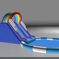 Colorful Play Equipment With Rainbow Slide Blue Structure Cloud Decorations and Blue White Inflatable Pool