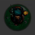 Game Movie Bear Character In Decorative Outfit With Backpack Glowing Item On Green Base