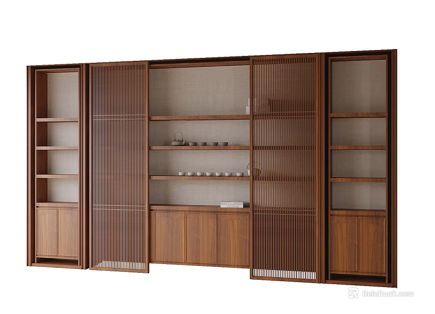 Modern Wooden Display Shelf With Slatted Doors Multiple Compartments And Storage Cabinets 3d model 