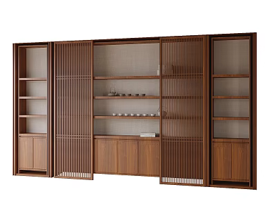 Modern Wooden Display Shelf With Slatted Doors Multiple Compartments And Storage Cabinets 3d model