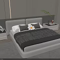 Modern Double Bed Interior with White Headboard Striped Duvet Pillows and Green Plant Side Tables
