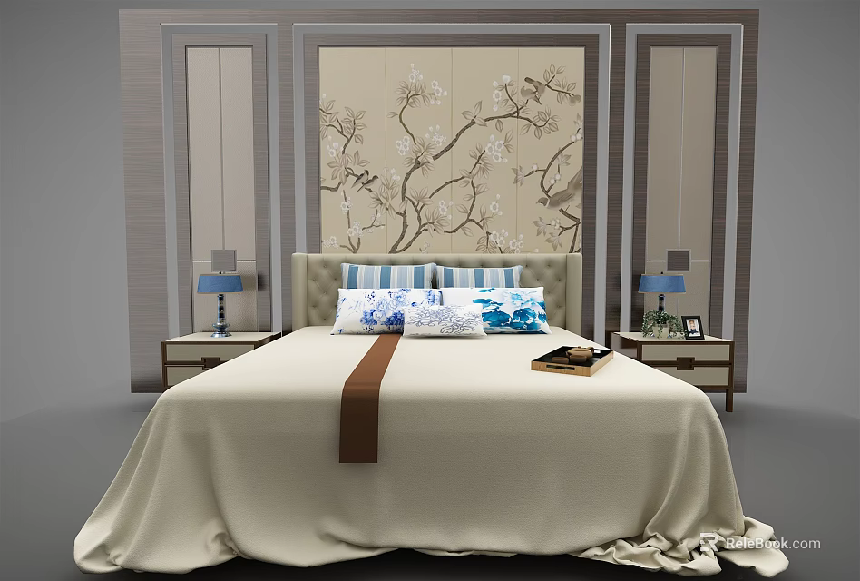 Stylish Background Double Bed With Floral Pattern Wall And Bedside Table Lamps 3d model 