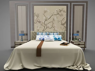 Stylish Background Double Bed With Floral Pattern Wall And Bedside Table Lamps 3d model