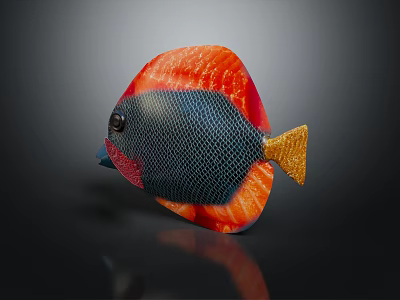 Vibrant Tropical Fish with Red Black Body Golden Tail and Net Like Scales 3d model