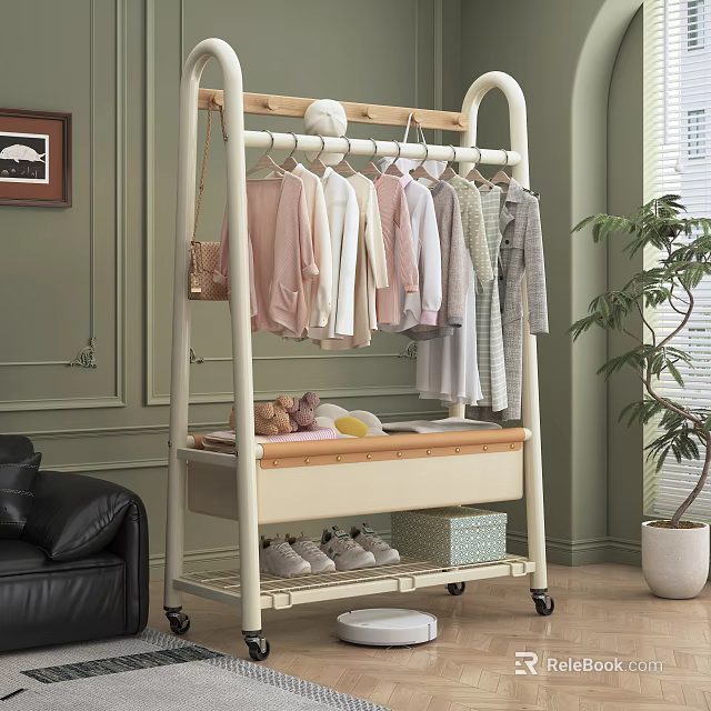 Mobile Clothing Rack with Hanging Clothes Storage Shelf Toy and Shoes in Living Room 3d model 