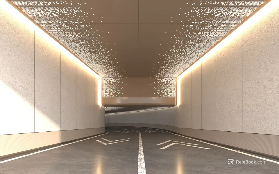 Modern Spacious Garage Interior With Perforated Ceiling Side LED Lighting And Floor Arrow Indicators 3d model 