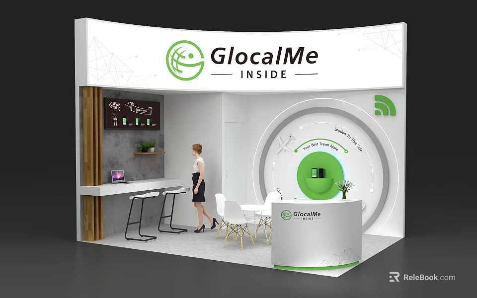 GlocalMe Exhibition Booth With Curved Design White Green Elements And Reception Area 3d model 