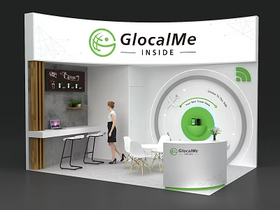 GlocalMe Exhibition Booth With Curved Design White Green Elements And Reception Area 3d model