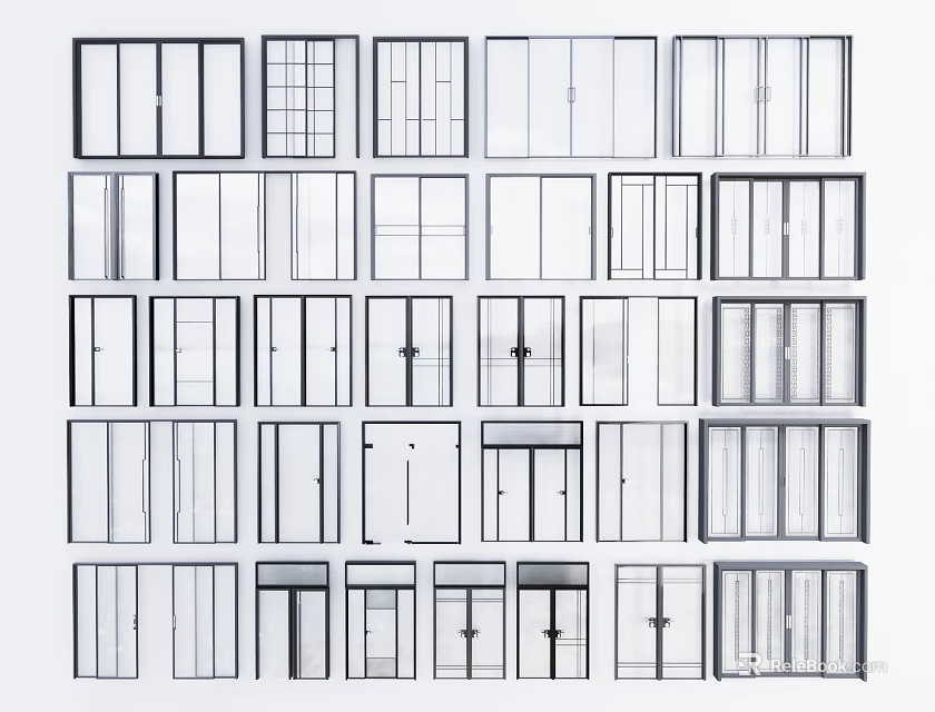 Various Window And Door Design Options With Different Glass Panel Styles 3d model 