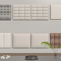 Modern Upholstered Wall Panels In Gray White Brown With Cushion Plant And Magazine