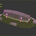 Cartoon Scene of Traditional Longhouse with Curved Grass Roof Wooden Walls Stones on Grassy Ground