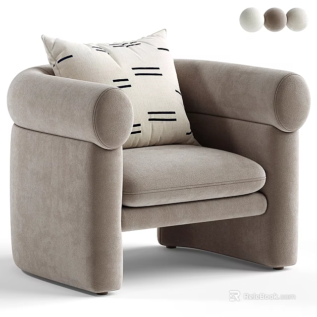 Light Toned Upholstered Accent Chair With Rounded Armrests And Black Striped Pillow 3d model 