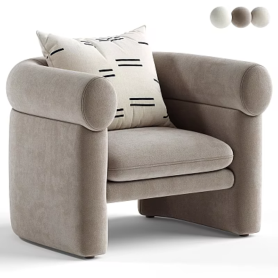 Light Toned Upholstered Accent Chair With Rounded Armrests And Black Striped Pillow 3d model