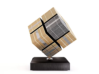 Modern Geometric Floating Sculpture With Gold And Black Grid Structure On Black Base 3d model
