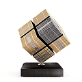 Modern Geometric Floating Sculpture With Gold And Black Grid Structure On Black Base
