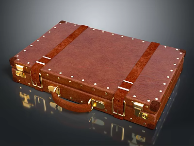 Vintage Brown Leather Suitcase With Metal Rivets Leather Straps And Golden Locks 3d model