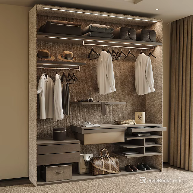 Modern Wardrobe Interior With Hanging Clothes Hats Drawers Shoes Storage And Bag 3d model 