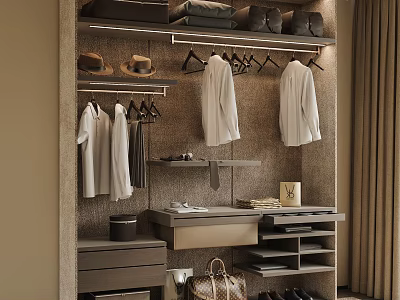 Modern Wardrobe Interior With Hanging Clothes Hats Drawers Shoes Storage And Bag 3d model