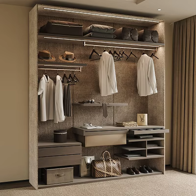 Modern Wardrobe Interior With Hanging Clothes Hats Drawers Shoes Storage And Bag 3d model